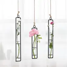 Creative Wall Hanging Flower Vase Iron Glass Hydroponics Planter Pot Transparent Hanging Flower Bottle Home Ornament Decoration