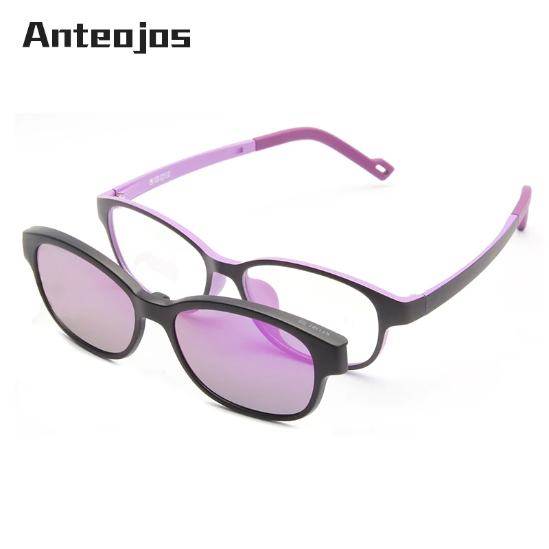 

ANTEOJOS New Boy Girls Kids Purple Ultem Material UV400 TAC Polarized Clip On Optical Frame Eyeglasses With Magnetic Sunglasses