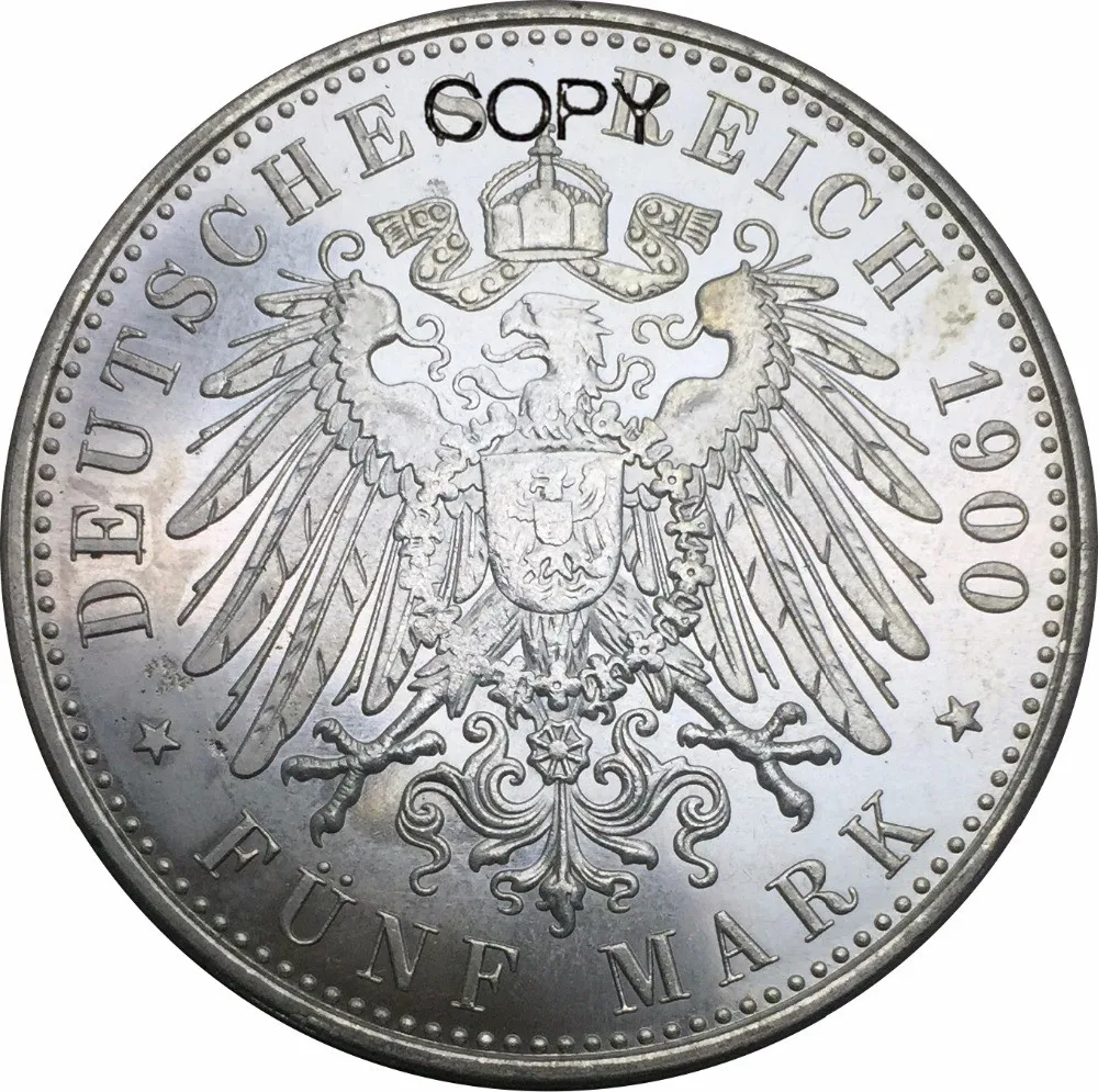 Немецкие Штаты 1900 император король Пруссии 5 Mark Wilhelm II Мельхиор посеребренные копии монет