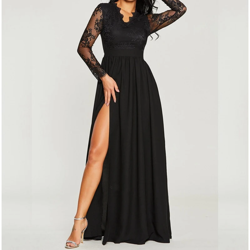 

U-SWEAR Sexy Womens V Neck Lace Black Split Evening Party Formal Dress Long Sleeve Full Length Dress Fashion Vestidos De Fiesta
