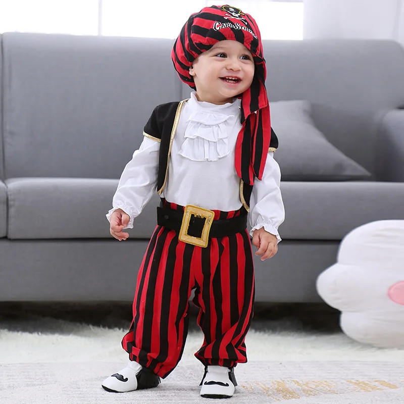 Для маленьких мальчиков 0-1 лет младенческой пиратский капитан, для косплея; Одежда для мальчиков; костюмы на Хэллоуин Христос новогодний галстук для малышей, комбинезон+ жилет+ Штаны