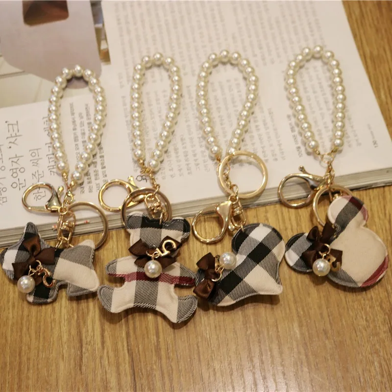 

hand-made plaid bear key love Simulation Pearl bag jewelry keychain women bag charm llaveros pompom