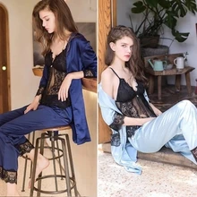 Новинка, женские сексуальные кружевные шелковые пижамы в стиле пэчворк, комплекты из 3 предметов, банный халат+ подтяжки+ брюки, комплект одежды для сна, высококачественная одежда для сна