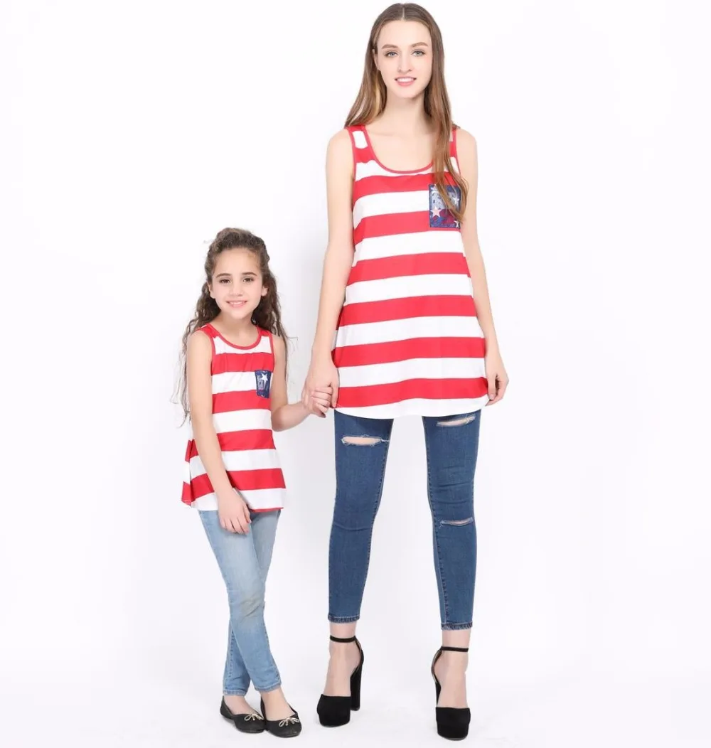

Fashion Matching Family Clothes Mother Daughter Sleeveless T-Shirt Width Red Striped Back Lace Shirt for Mum Girls Clothing New