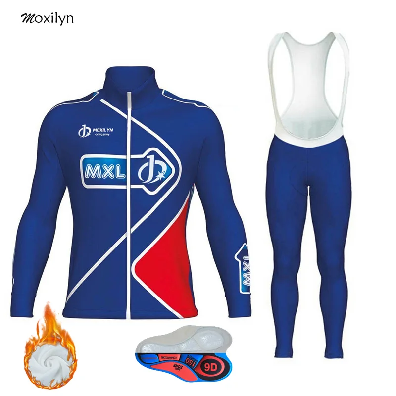 Мужские майки для велоспорта, Топ с длинным рукавом, 9D штаны с подкладкой, брюки, ветронепроницаемые, дышащие, впитывающие пот, быстросохнущие, теплый флис - Цвет: winter-fleece-blue-s