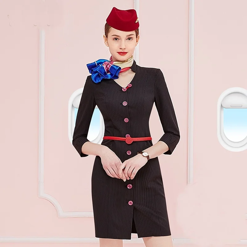 Uniform Flight Attendant Business Dress Work Wear Beautician Uniforms Dresses Airline Stewardess DD1788 |
