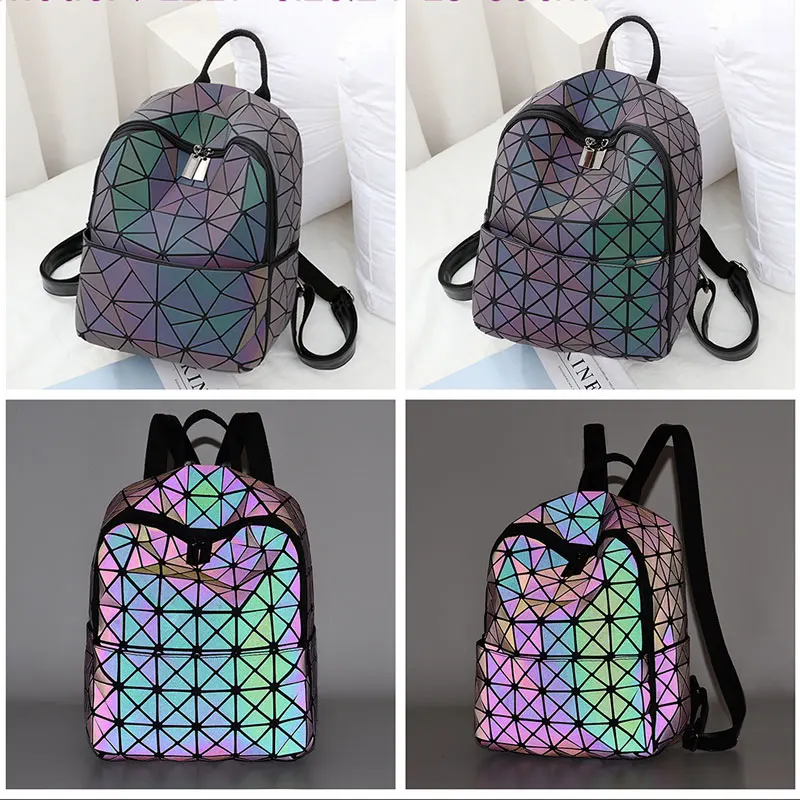 

New Rainbow Geometric Plaid Triangle Patchwork Laser Luminous Hologram PU Teenagers School bag Girl Folding Mini Women Backpack