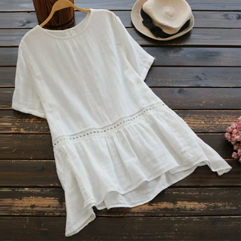 Tanie Top Fashion 2018 Kobiety Stałe O Szyi Luźne Summer Party Bluzka Casual Kr oacute;tkie Rękawy Hollow Out Patchwork Koszula Vestido Blusas