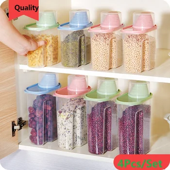 

4Pcs/Set with Cup Lid Transparent Cover PP+PE Storage Tank Cylinder Food Box Kitchen Utensils Household 1800/2500ml 4Colors