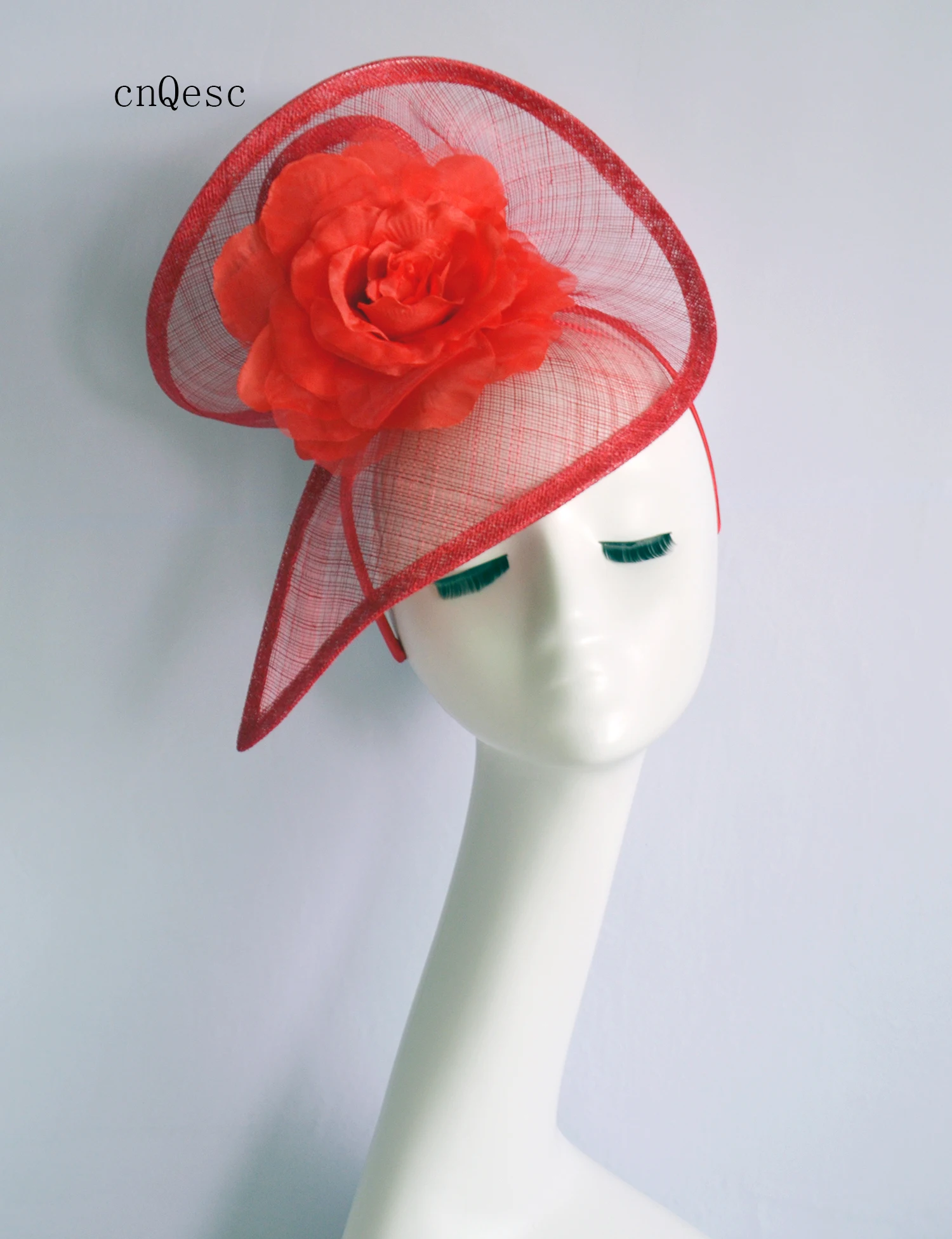 

2019 Red sinamay fascinator Silk flower headpiece Kentucky Derby wedding races bridal shower mother of the bride w/feather