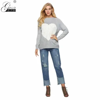 

Autumn Winter Women O-neck Knitted Sweaters Heart Cute Long Sleeve Pullover Knitting Sweater Women Casual Patchwork Pullovers