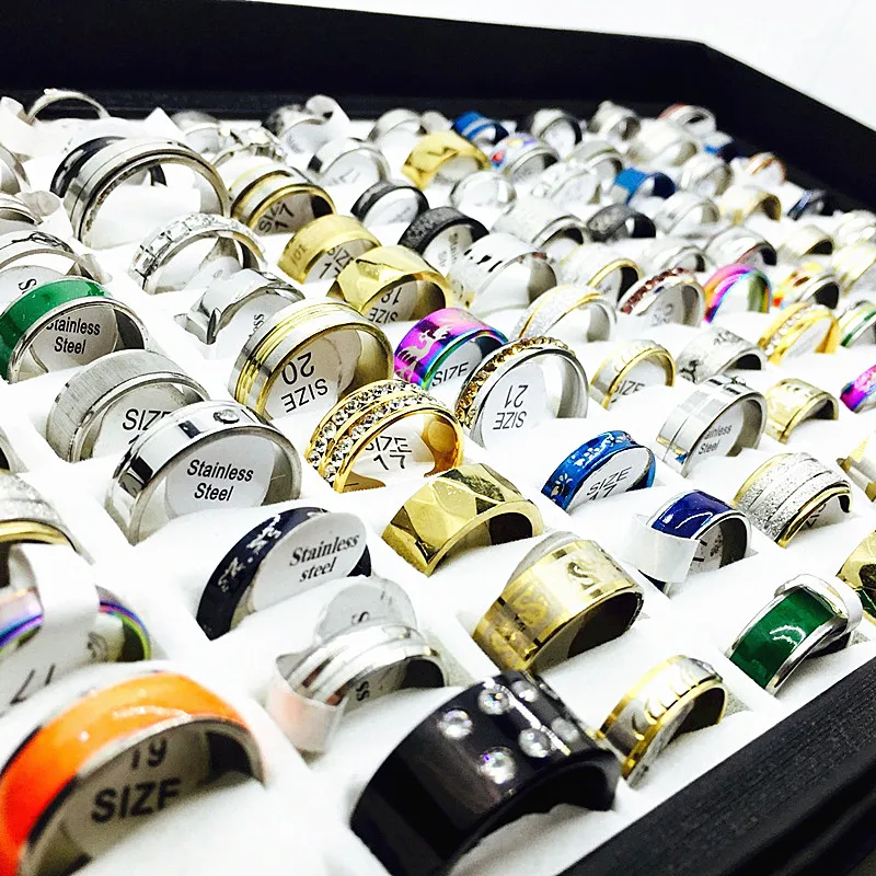 2018 wholesale lots bulk 100pcs ring set men women unisex stainless steel gold silver black mixed styles fashion rings jewelry