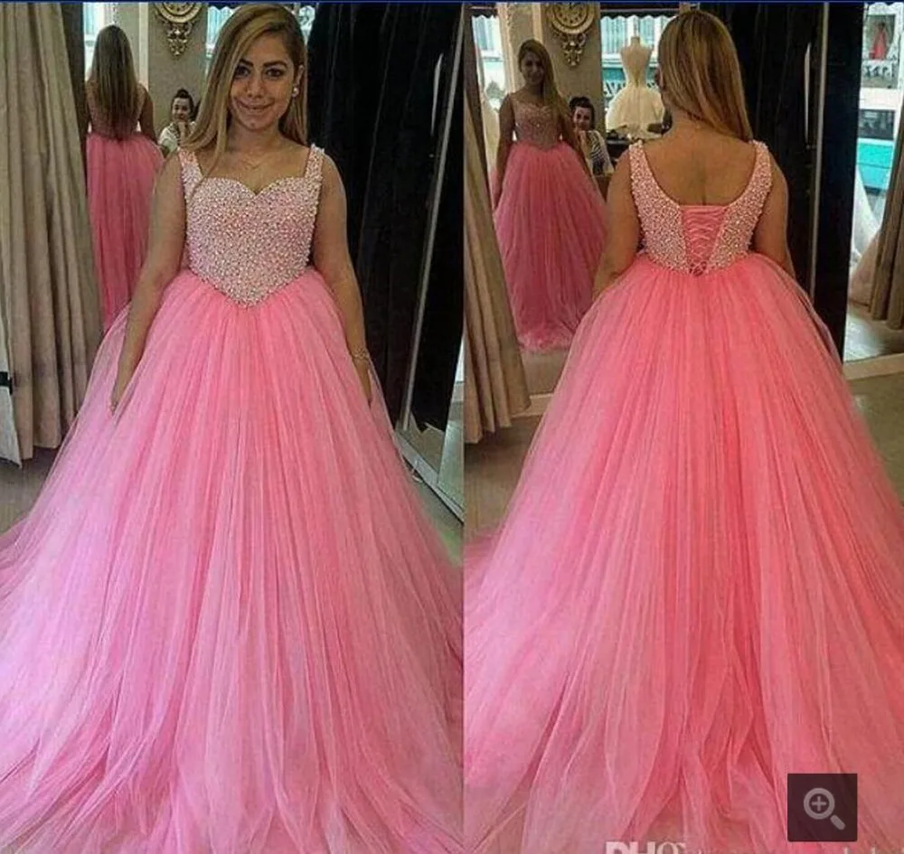 Puffy pink beading rhinestones prom dresses long 2015 spaghetti straps