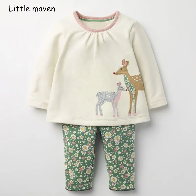 Little maven/комплекты детской одежды коллекция года, осенняя брендовая хлопковая футболка с длинными рукавами и рисунком оленя для девочек+ штаны с цветочным принтом, 20232