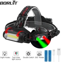 BORUIT вращающийся мощный COB T6 XPE светодиодный налобный светильник зеленый красный светильник 8 режимов налобный фонарь 18650 налобный фонарь для кемпинга охоты вспышка светильник