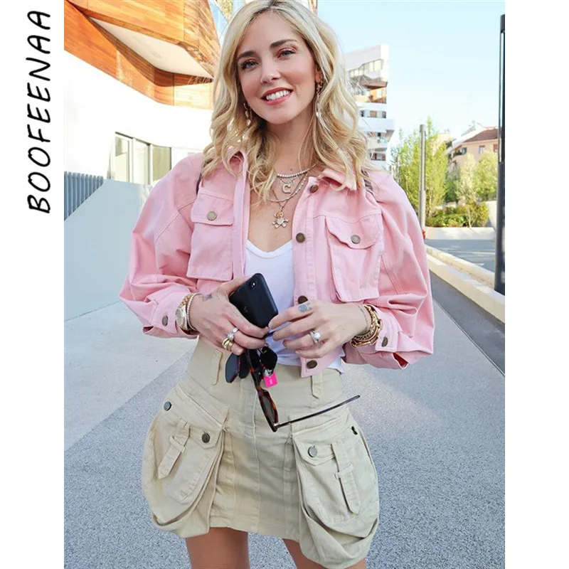 

BOOFEENAA Pink Lantern Sleeve Cropped Bomber Jackets Coats Women Windbreaker Streetwear Outerwear Cardigan Autumn 2019 C71-AI13