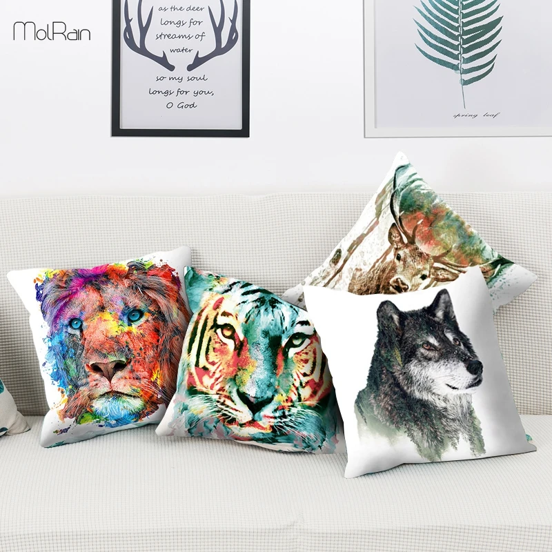 Cute Animals Print Cushion Cover Home Decor Tiger Lion Wolf Pattern Decorative Pillows Polyester Square Throw Pillow Case Gift