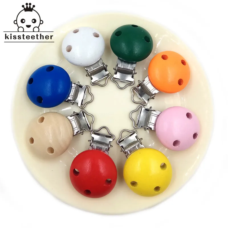 3ps Round Wooden Pacifier Clip Silicone Bead Baby Teether teething Accessory Infant Soother Clip Nipple Clasps Toy DIY hold Tool