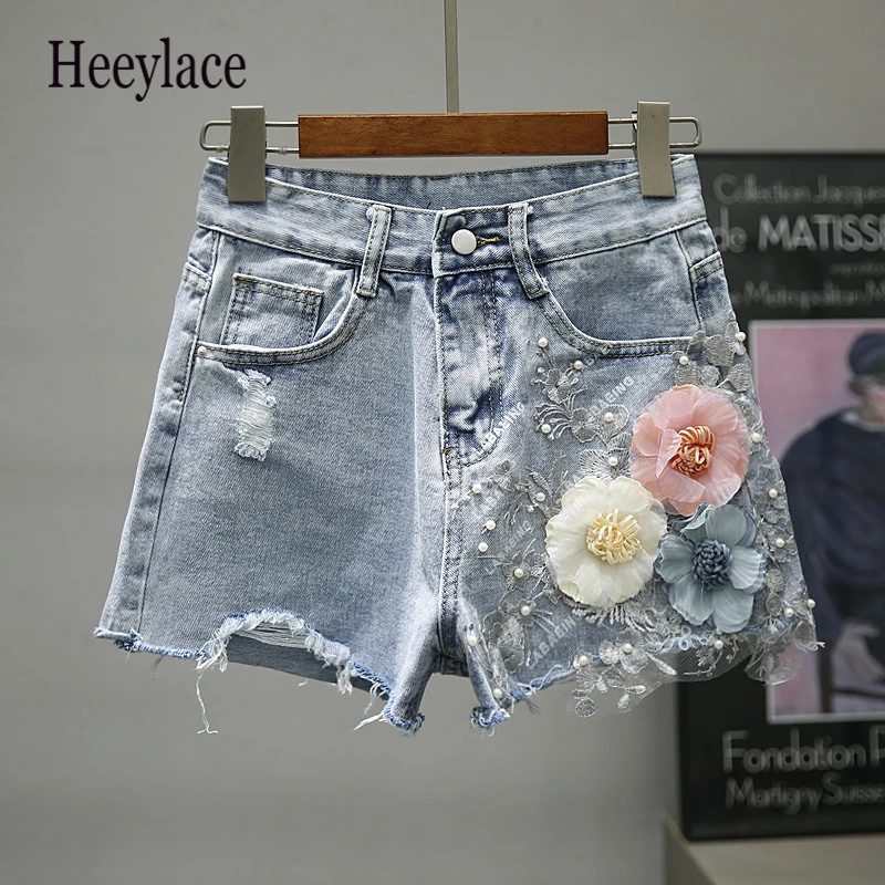 Вышивка Рваные джинсовые шорты 2019 3D Флористический с высокой талией джинсы короткие модные джинсы с потертостями и дырками шорты женские