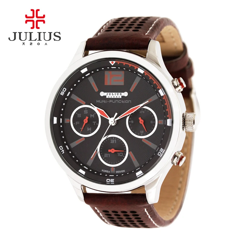 

Fashion Erkek Quartz Watch Men JULIUS Relogio Feminino Luminous Bayan Kol Saati Leather Rhinestone Shell Dial Multifunctional