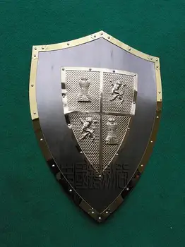 

S3327 MEDIEVAL LION WARRIOR RELIEF IRON SHIELD SHINY BRASS BORDER 25.3" X 17.4"