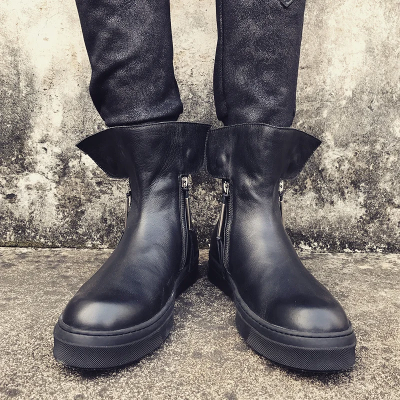 

New Men Boots Rubber Sole Zipper Fashion Shoes Personality Men'S Slip-On Round Toe Martin Boots