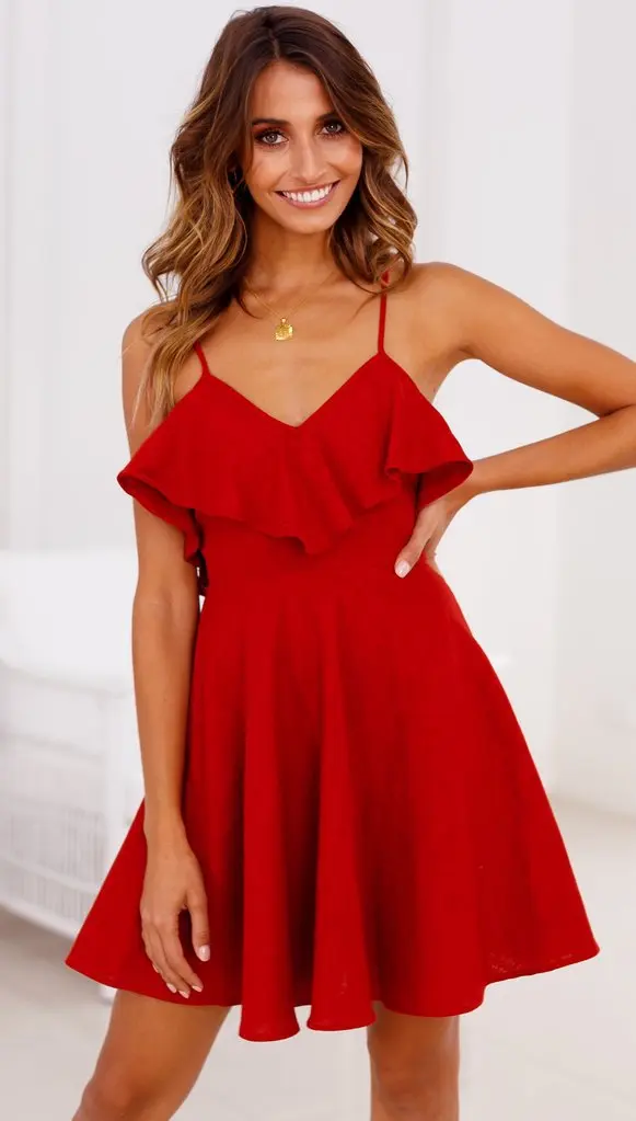Red V Neck Women's Summer Beach Dress with Ruffles, Spaghetti Strap and Backless Design - Sexy Ladies' Mini Sundress image 3