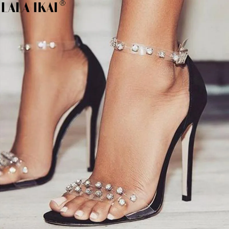 

LALA IKAI Women Sandals High Heels Summer Transparent Shoes Rivet Flock PVC Pumps Slip On Sandals Lady Sexy Shoes XWC1246-5