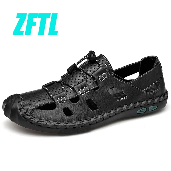 ZFTL/Новинка; мужские сандалии; кожаные повседневные пляжные сандалии; быстросохнущие дышащие туфли с отверстиями для отдыха; Мужские Пляжные шлепанцы; большие размеры; 0100 - Color: Black Sandals