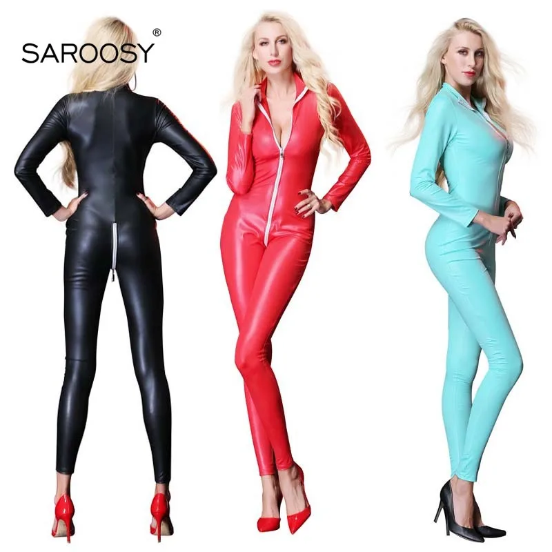 

SAROOSY New Pu Leather Open Crotch Bodysuit for Women Double Zipper Elastic Sexy Lingerie 2019 New Clubwear 3 Color Choice