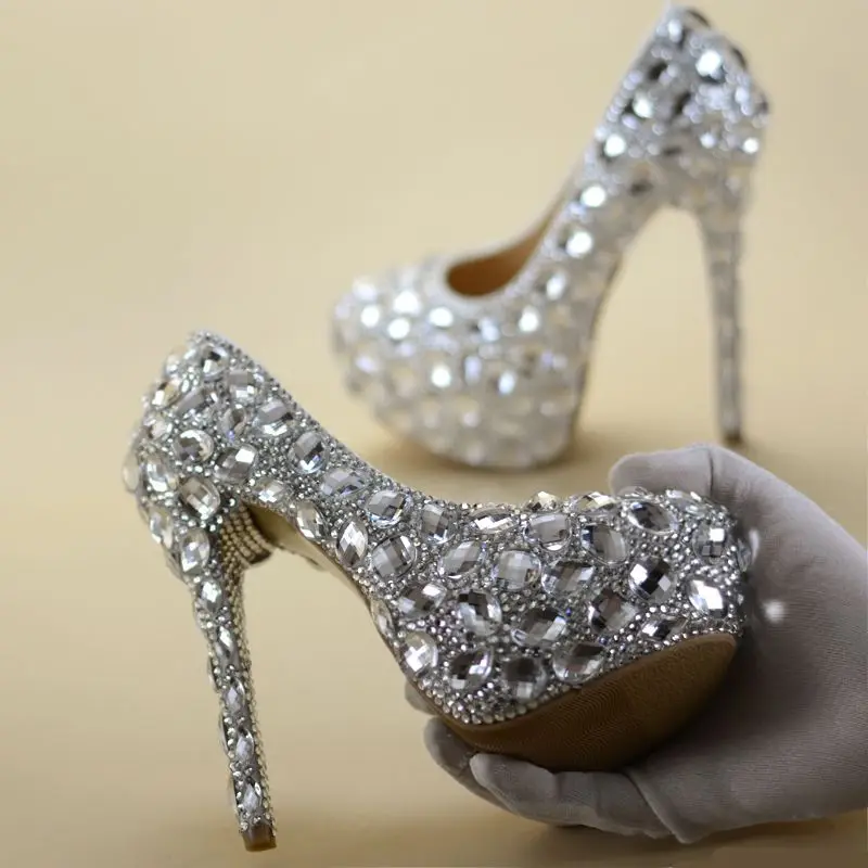 14cm high heeled silver crystal rhinestones wedding shoes woman NQ004 ...