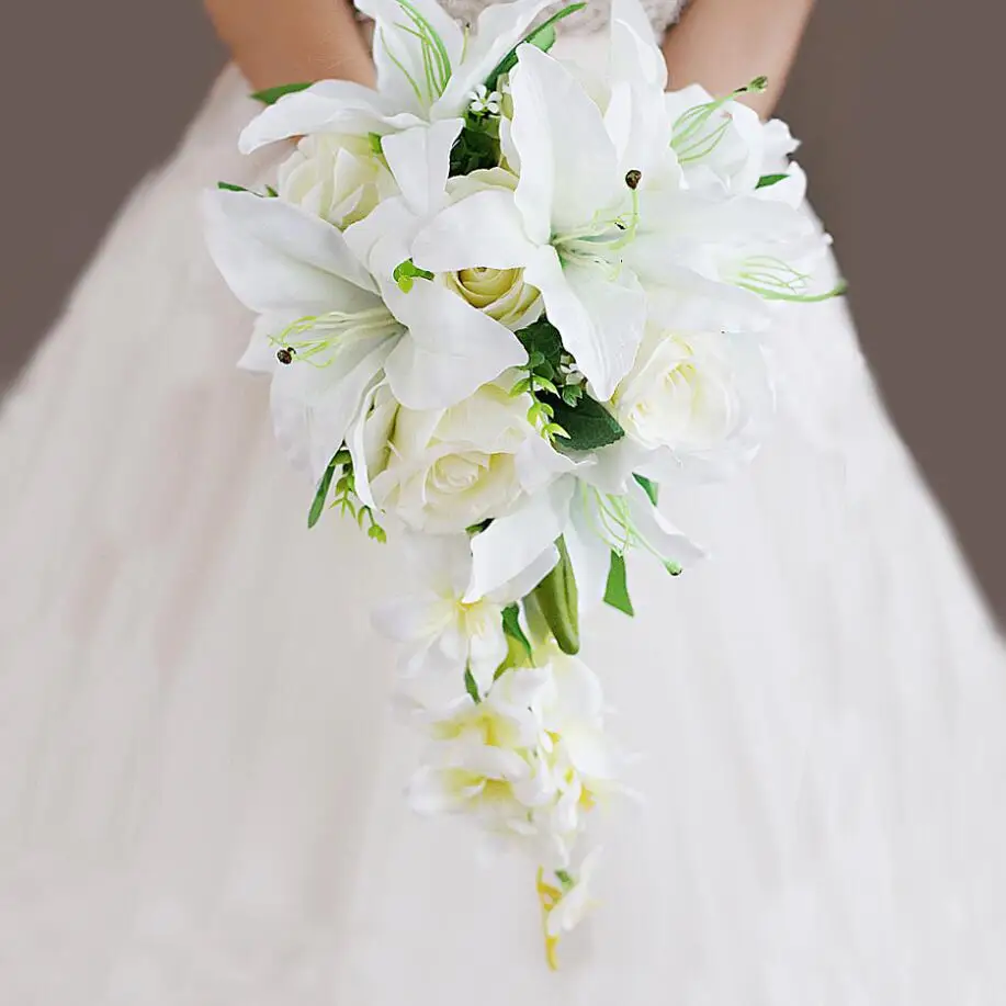 JaneVini водопад Свадебный букет цветов искусственная лилия Свадебные букеты Sposa невесты Брошь для жениха Boeket Zijde Bloemen - Цвет: Wedding Bouquet