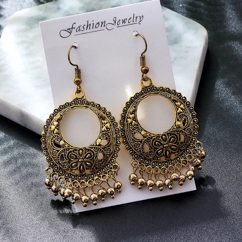 

QCOOLJLY Hollow Flower Indian Style Tassel Earrings For Women Gypsy Jewelry Sliver Color Antique Ethnic Drop Earrings Jewelry