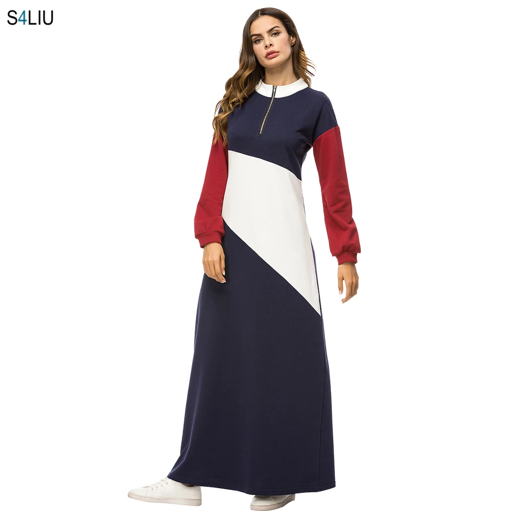 

Women Casual Striped Maxi Dress Thicken Hoodies Abaya Muslim Long Dress Patchwork Turkey Robe Zipper Middle East Islamic Clothes