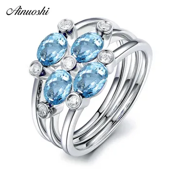 

AINUOSHI 3 Pies Blue Topaz Ring Set 1CT Oval Cut Natural Topaz Genuine 925 Silver Natural Blue Topaz Ring Set Trendy Bridal Band