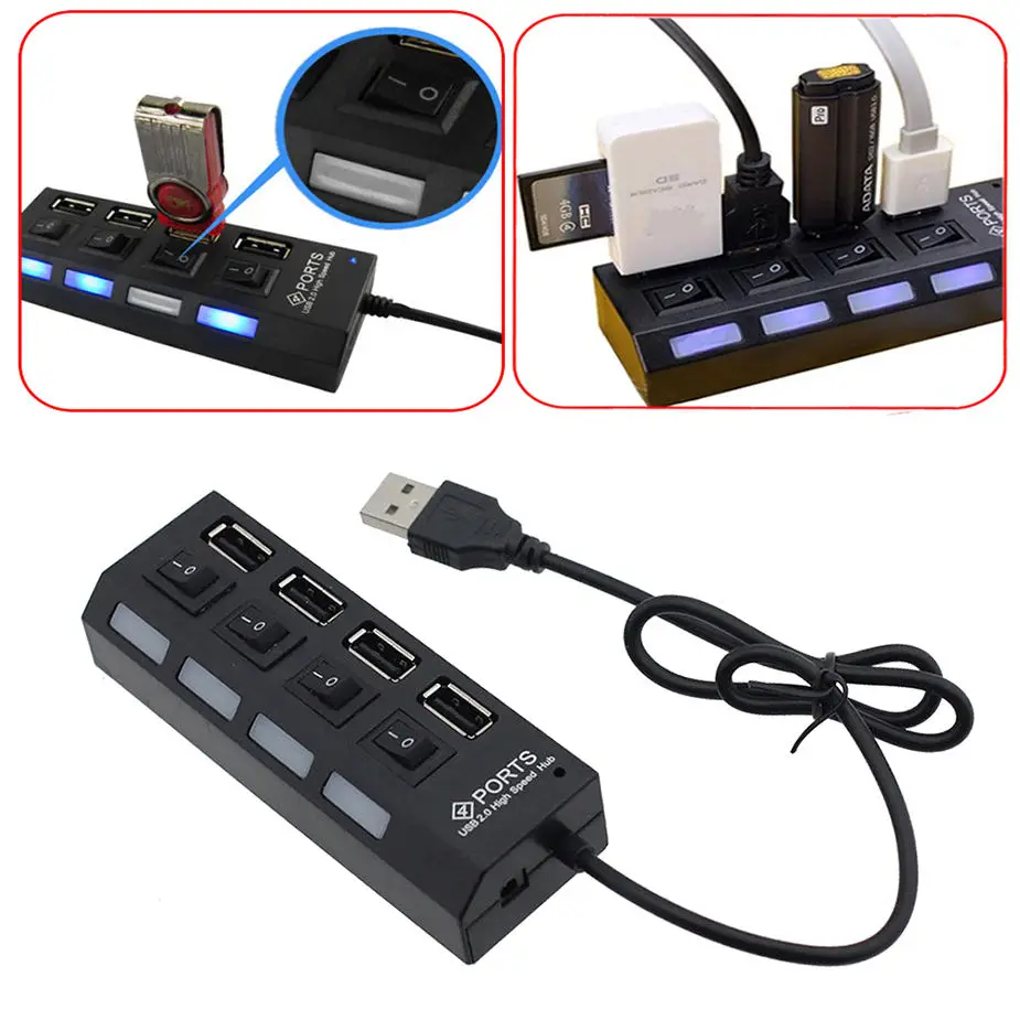 

2 Colors LED 4 Port USB 2.0 Hub High Speed Power On/Off Button Switch for Laptop