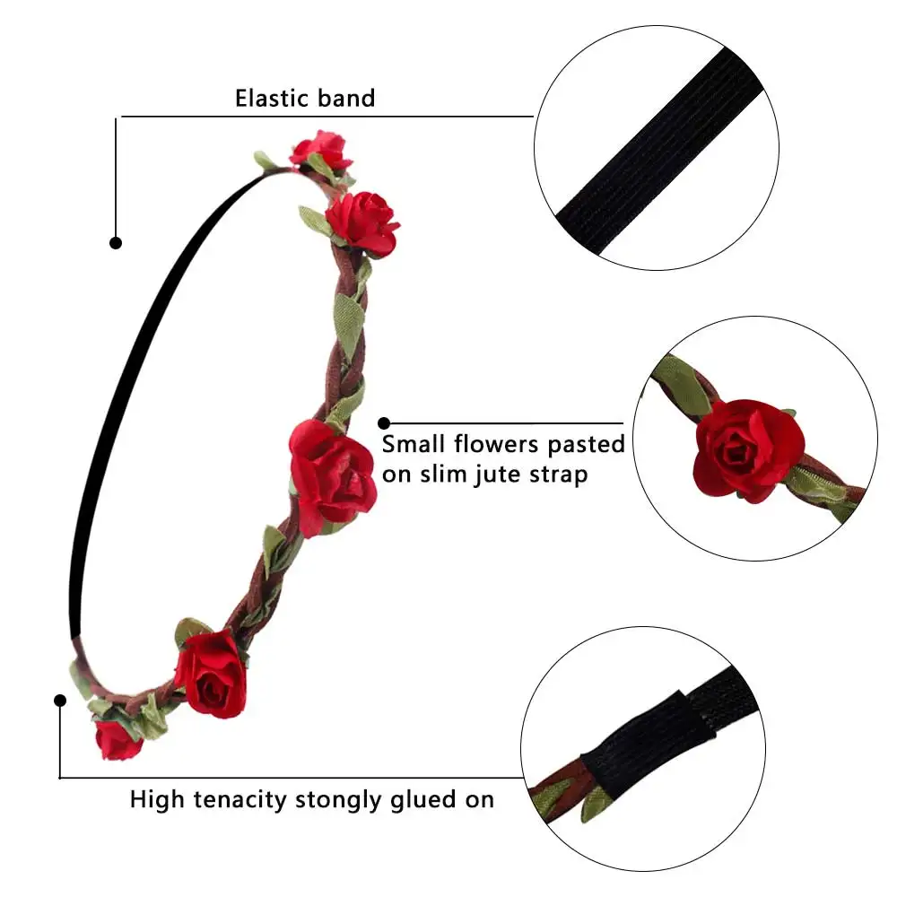 6 шт./лот, женская свадебная гирлянда, Цветочная повязка на голову, богемный стиль, роза, корона, повязка на голову, женские эластичные аксессуары для волос