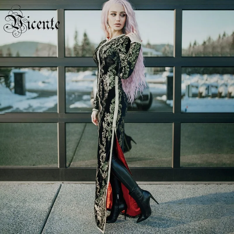 

Vicente 2019 New Luxe Golden Embroidery Design Long Sleeves Sexy Side Split Celebrity Party Club Maxi Long Dress