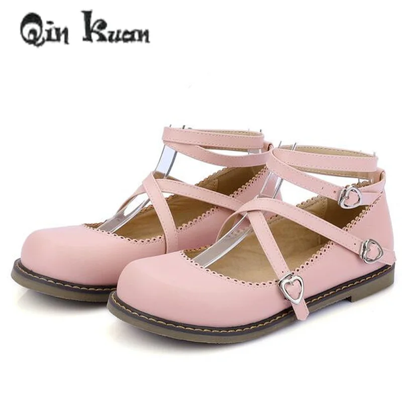 

Qin Kuan Plus Size 33-43 Women Round Toe Cross Strap Shoes Fashion Ladies Spring Autumn Student Sweet Flat Shoes
