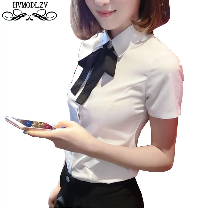 

Short Sleeve lapel White Chiffon Blouse College Wind Bowknot Comfort Shirt 2017 Summer New Selling Large Size Clothing LJ390