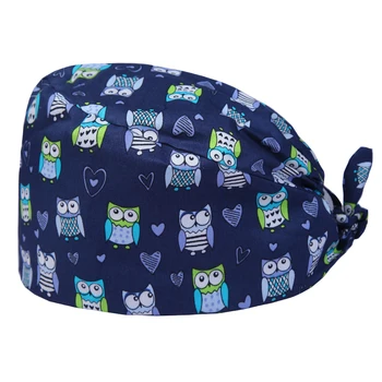 

Owl Navy Nurse Surgical Cap Medical Scrub Hat Women Men Hospital OR Work Caps 100% Cotton With Sweatband Tieback Nurses Hats