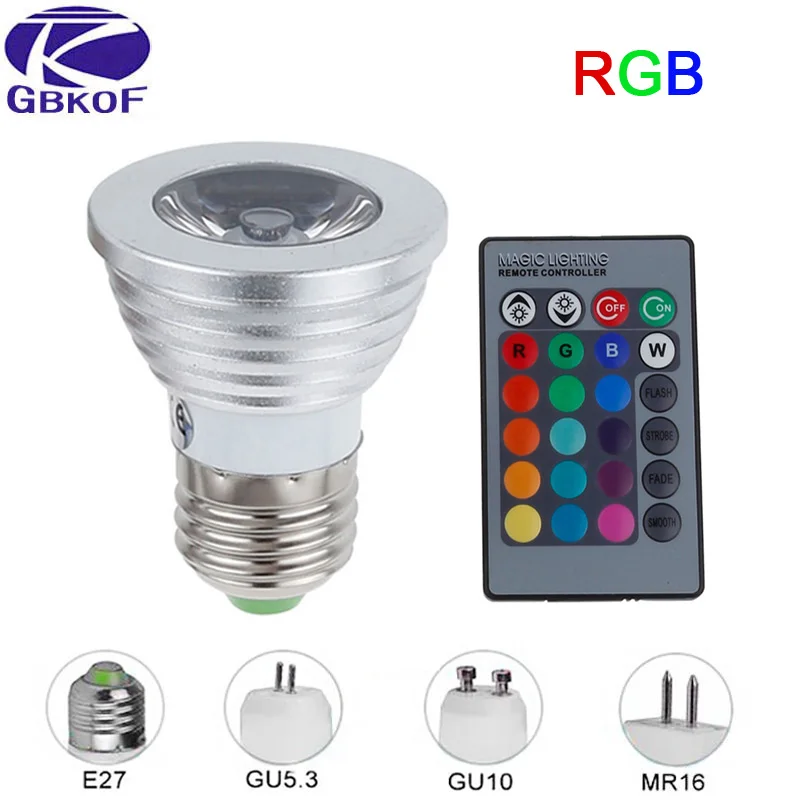 

E27 RGB LED Lamp 3W E14 MR16 GU10 GU5.3 LED Bulb AC 85-265V RGB Spotlight High Power 16 Color IR Remote Controller Bulbs Decor