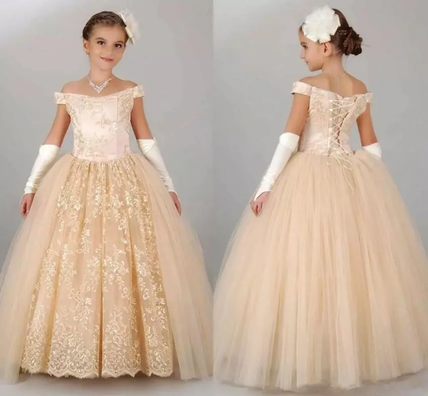New Champagne Tulle Flower Girls Dresses Off Shoulder Lace Girls Birthday Pageant Gown First Communion Dress Custom Made New Champagne Tulle Flower Girls Dresses Off Shoulder Lace Girls Birthday Pageant Gown First Communion Dress Custom Made