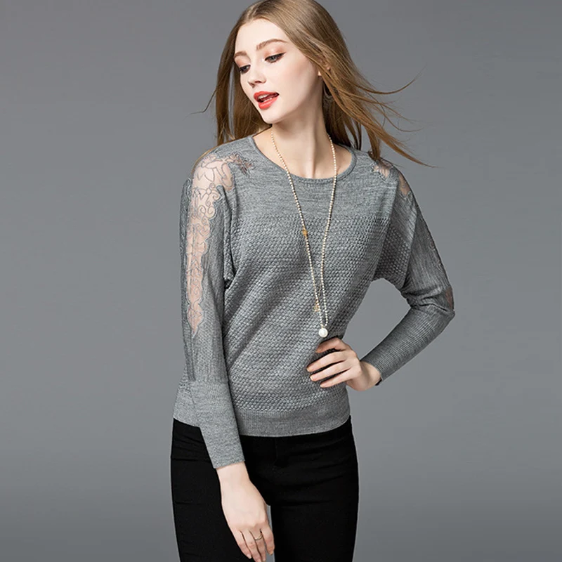 

Women Pullovers 2018 New Spring Lace Hollow Out Batwing Sleeve Pullover European Style O-Neck Loose Bottoming Knitted Sweaters