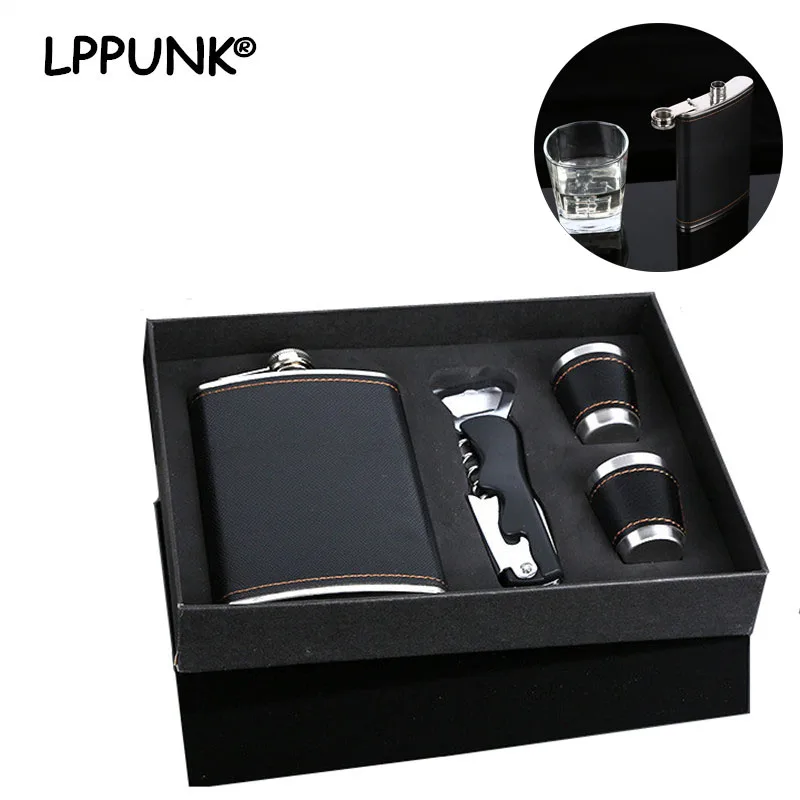 

2018 9oz Moscow whisky liquor flagon cccp Stainless steel alcohol Vodka leather wrapping hip flask with opener gift set LPPUNK