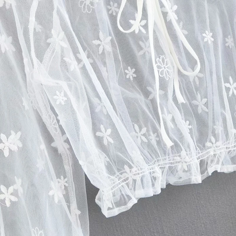 2018 Ins Summer New style see-through mesh embroidered lace blouse Sexy off shoulder Lace Blouse sunblock blouse 2 (5)