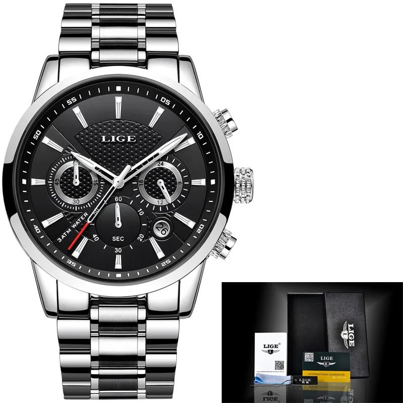 LIGE Mens watches To Luxury Brand Business Quartz Watch Men Military Sports Waterproof Dress Wristwatch Relogio Masculino - Цвет: S Silver black