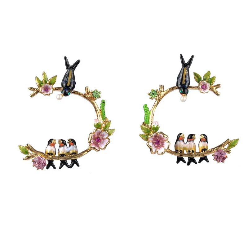 

French Swallow Enamel Crystal Jewelries Stud Earrings For Women Stereo Bird Leaves Flower Romantic Top Accessories Big Name E352
