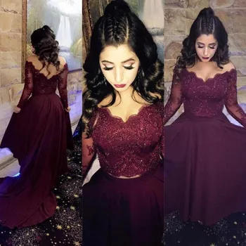 

Burgundy Two Piece Evening Dress V Neck Long Sleeves High Low Evening Dresses With Lace Arabic Turkey Formal Prom Dress 2019