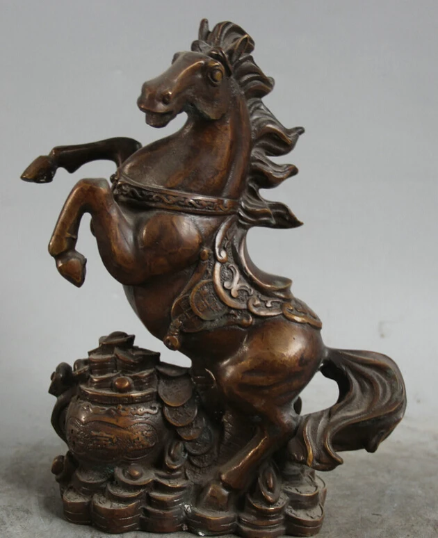 

S1911 11" Chinese Bronze Folk treasure bowl Wealth Feng Shui Zodiac Year Horse Statue D0318